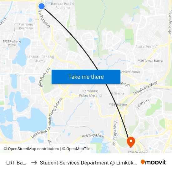 LRT Bandar Puteri to Student Services Department @ Limkokwing University of Creative Technology map