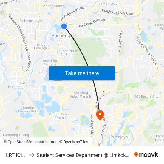 LRT IOI Puchong to Student Services Department @ Limkokwing University of Creative Technology map