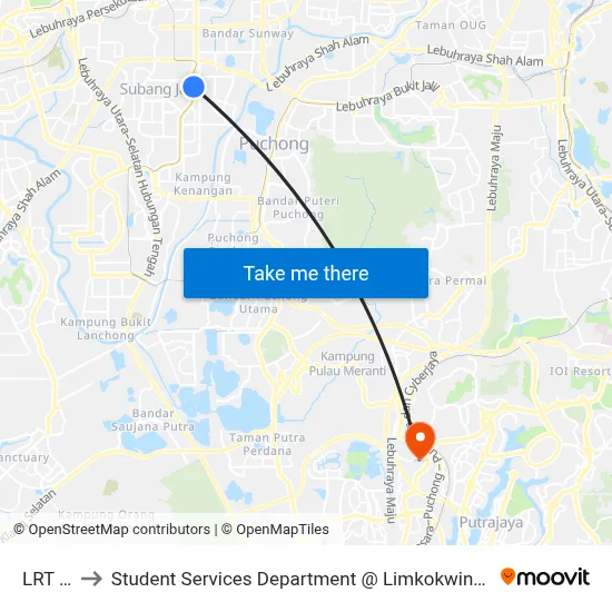 LRT USJ 7 to Student Services Department @ Limkokwing University of Creative Technology map