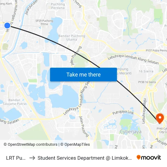 LRT Putra Height to Student Services Department @ Limkokwing University of Creative Technology map