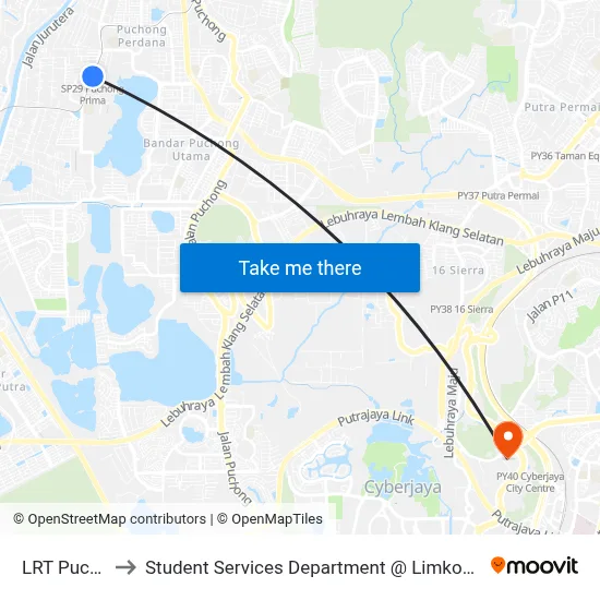 LRT Puchong Prima to Student Services Department @ Limkokwing University of Creative Technology map