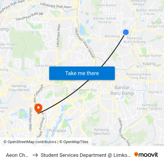 Aeon Cheras Selatan to Student Services Department @ Limkokwing University of Creative Technology map