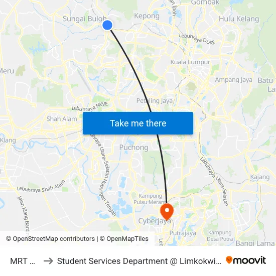 MRT Sg Buloh to Student Services Department @ Limkokwing University of Creative Technology map
