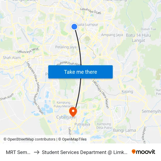 MRT Semantan Pintu B to Student Services Department @ Limkokwing University of Creative Technology map