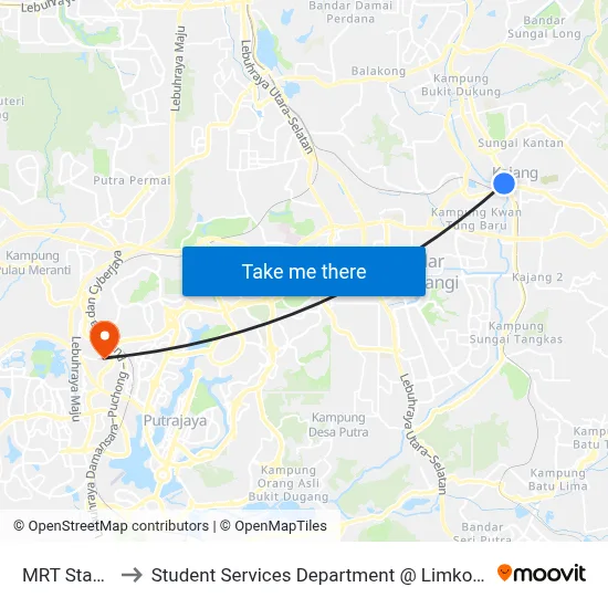 MRT Stadium Kajang to Student Services Department @ Limkokwing University of Creative Technology map