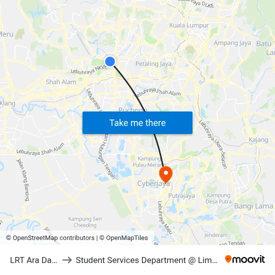 LRT Ara Damansara (Opp) to Student Services Department @ Limkokwing University of Creative Technology map