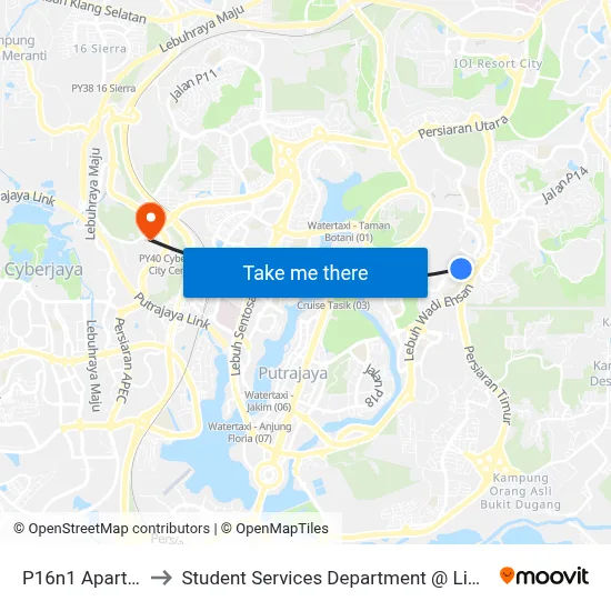P16n1 Apartment P16 Blok A2 to Student Services Department @ Limkokwing University of Creative Technology map