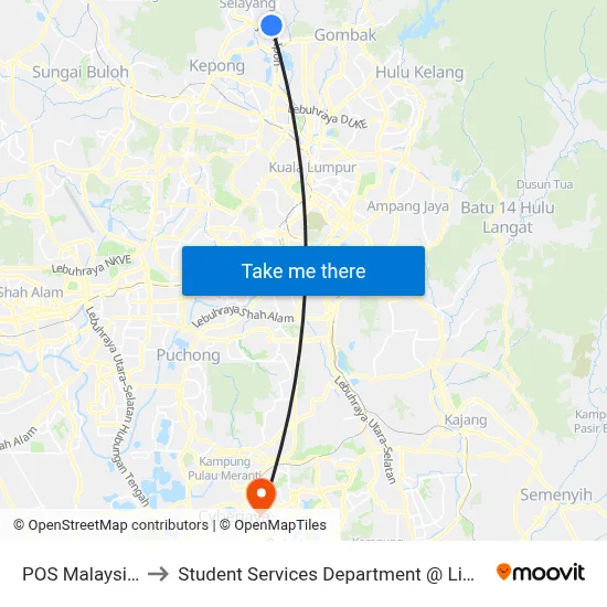 POS Malaysia Selayang (Opp) to Student Services Department @ Limkokwing University of Creative Technology map
