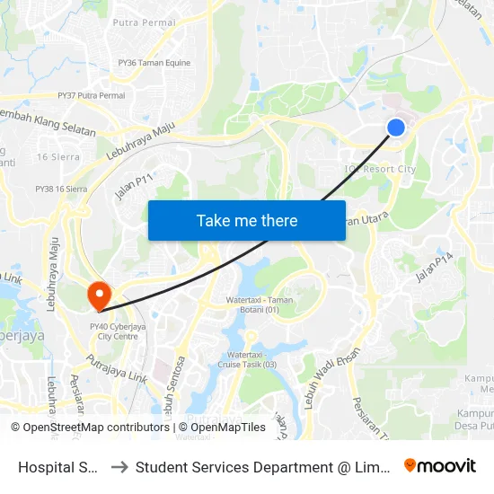 Hospital Serdang (Sp293) to Student Services Department @ Limkokwing University of Creative Technology map