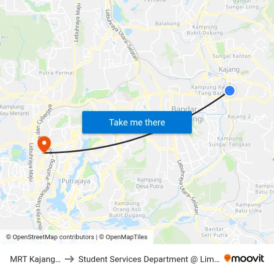 MRT Kajang, Pintu A (Kj510) to Student Services Department @ Limkokwing University of Creative Technology map