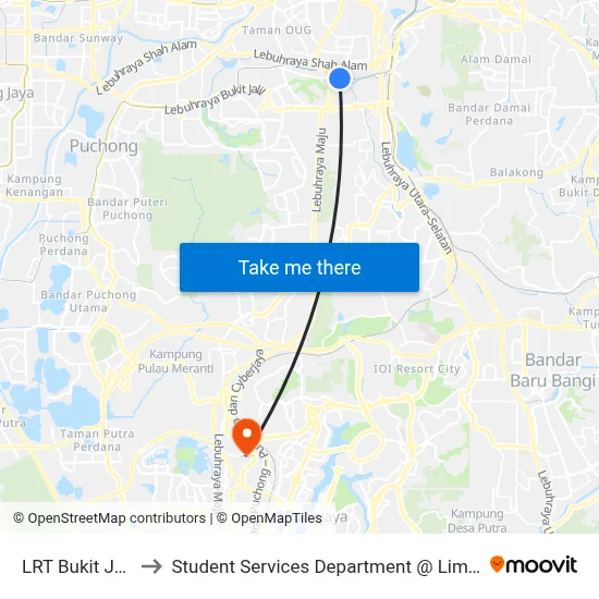 LRT Bukit Jalil (Opp) (Kl151) to Student Services Department @ Limkokwing University of Creative Technology map