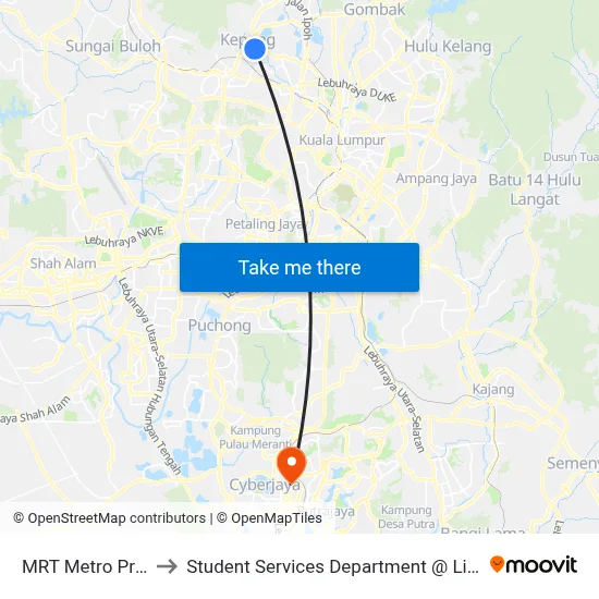 MRT Metro Prima, Pintu B (Kl560) to Student Services Department @ Limkokwing University of Creative Technology map
