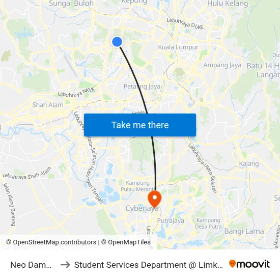 Neo Damansara (Pj380) to Student Services Department @ Limkokwing University of Creative Technology map