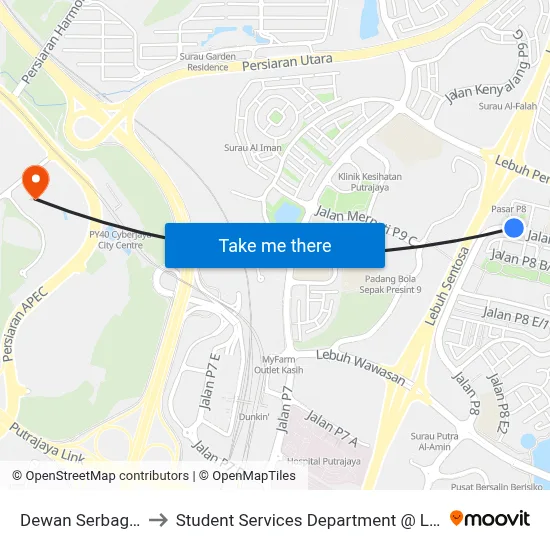 Dewan Serbaguna Presint 8 (Ppj66) to Student Services Department @ Limkokwing University of Creative Technology map