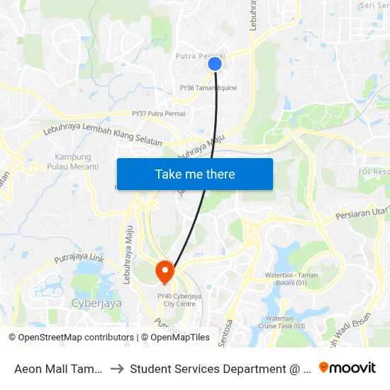 Aeon Mall Taman Equine (Opp) (Sj205) to Student Services Department @ Limkokwing University of Creative Technology map