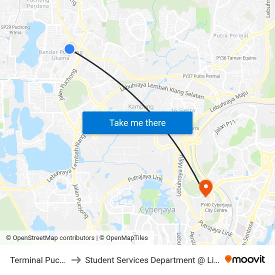 Terminal Puchong Utama (Sj237) to Student Services Department @ Limkokwing University of Creative Technology map