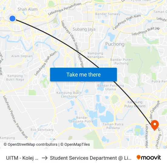 UITM - Kolej Kediaman Perindu to Student Services Department @ Limkokwing University of Creative Technology map
