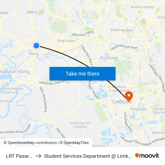 LRT Pasar Klang Pintu A to Student Services Department @ Limkokwing University of Creative Technology map
