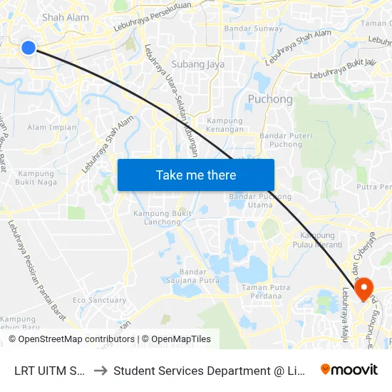 LRT UITM Shah Alam Pintu B to Student Services Department @ Limkokwing University of Creative Technology map