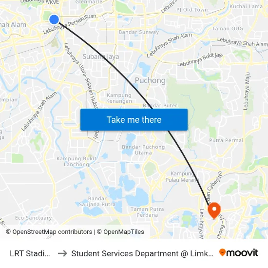 LRT Stadium Shah Alam to Student Services Department @ Limkokwing University of Creative Technology map