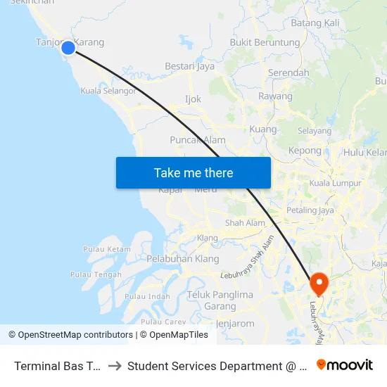 Terminal Bas Tanjong Karang (Ks180) to Student Services Department @ Limkokwing University of Creative Technology map