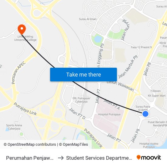 Perumahan Penjawat Awam 8r2 Presint 8 (Barat) (Ppj58) to Student Services Department @ Limkokwing University of Creative Technology map