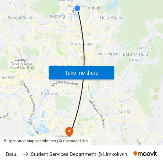 Batu Caves to Student Services Department @ Limkokwing University of Creative Technology map