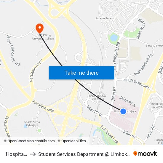 Hospital Putrajaya to Student Services Department @ Limkokwing University of Creative Technology map