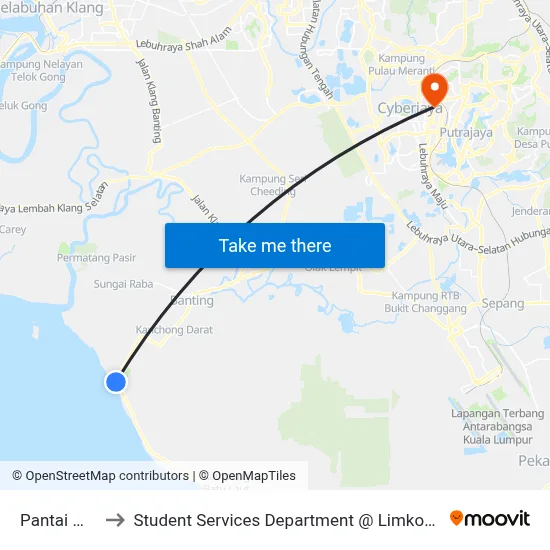 Pantai Morib (Lg50) to Student Services Department @ Limkokwing University of Creative Technology map