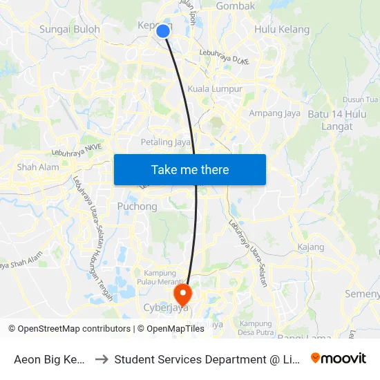 Aeon Big Kepong (Opp) (Kl485) to Student Services Department @ Limkokwing University of Creative Technology map