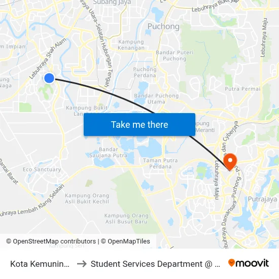 Kota Kemuning Central Lake (Sa216) to Student Services Department @ Limkokwing University of Creative Technology map
