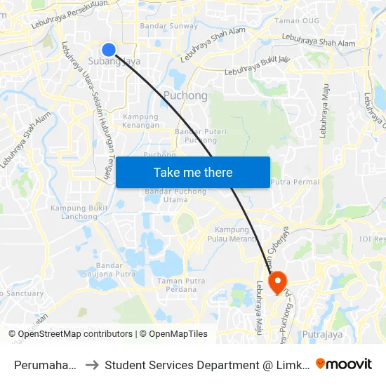 Perumaham USJ 3 (Sj41) to Student Services Department @ Limkokwing University of Creative Technology map