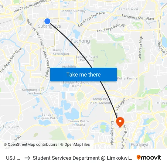 USJ 2 (Sj18) to Student Services Department @ Limkokwing University of Creative Technology map