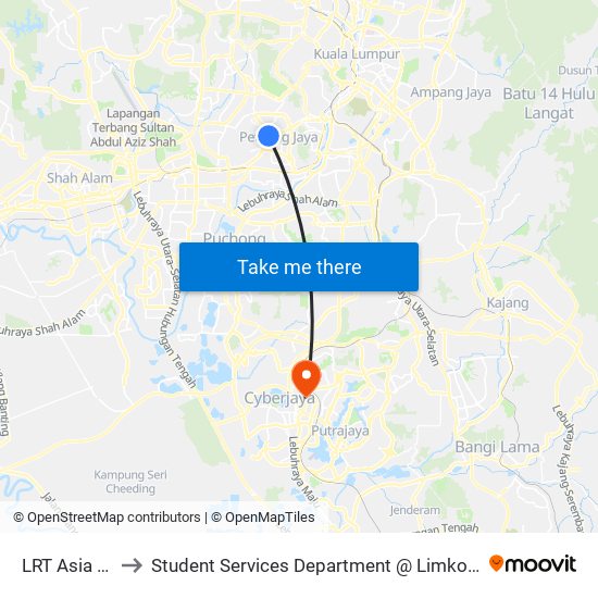 LRT Asia Jaya (Pj436) to Student Services Department @ Limkokwing University of Creative Technology map