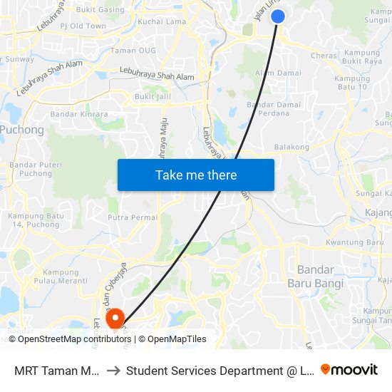 MRT Taman Mutiara, Pintu B (Kl756) to Student Services Department @ Limkokwing University of Creative Technology map