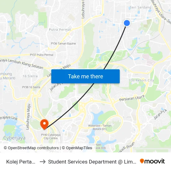 Kolej Pertama Upm (Sj158) to Student Services Department @ Limkokwing University of Creative Technology map