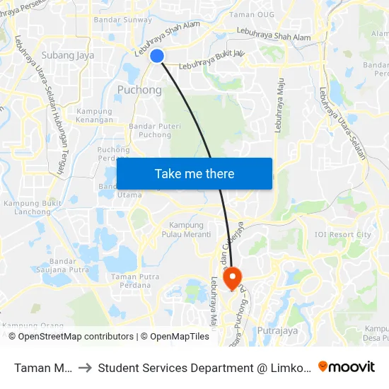 Taman Merak (Sj356) to Student Services Department @ Limkokwing University of Creative Technology map