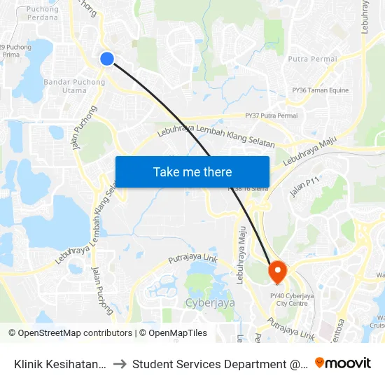 Klinik Kesihatan Batu 14 Puchong (Sj492) to Student Services Department @ Limkokwing University of Creative Technology map