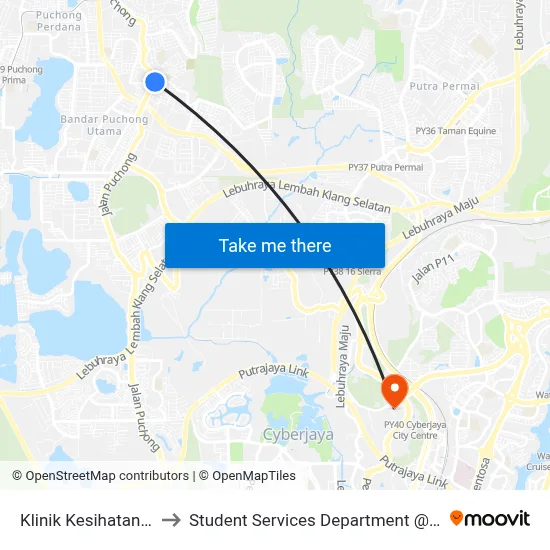 Klinik Kesihatan Batu 14 Puchong (Sj491) to Student Services Department @ Limkokwing University of Creative Technology map