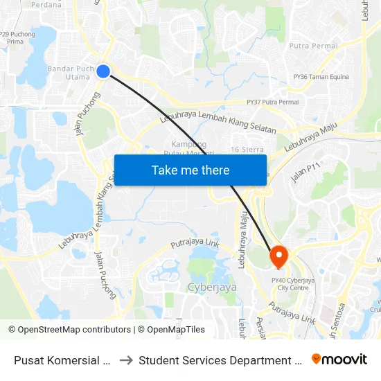 Pusat Komersial Bandar Bukit Puchong (Sj223) to Student Services Department @ Limkokwing University of Creative Technology map