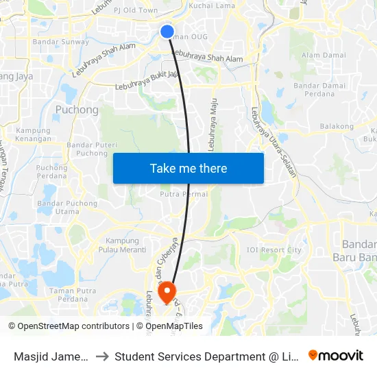 Masjid Jamek Petaling (Kl1350) to Student Services Department @ Limkokwing University of Creative Technology map