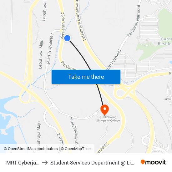 MRT Cyberjaya Utara (Sp398) to Student Services Department @ Limkokwing University of Creative Technology map
