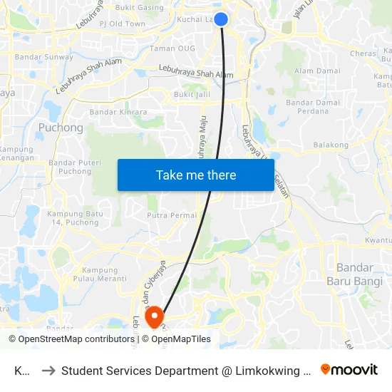Kuchai to Student Services Department @ Limkokwing University of Creative Technology map