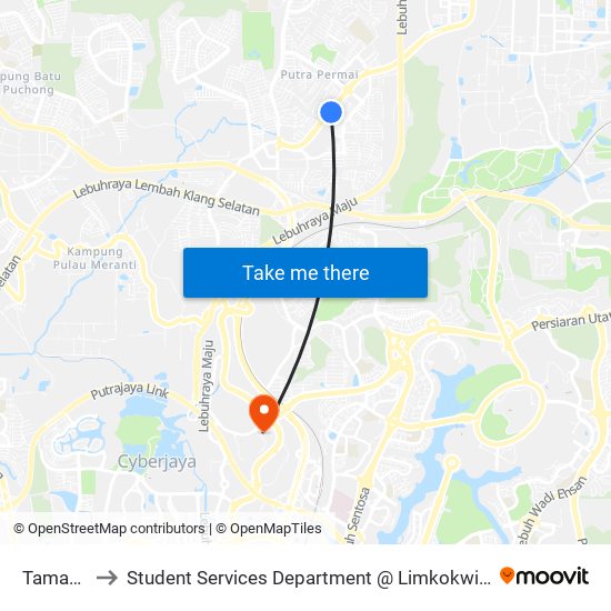 Taman Equine to Student Services Department @ Limkokwing University of Creative Technology map