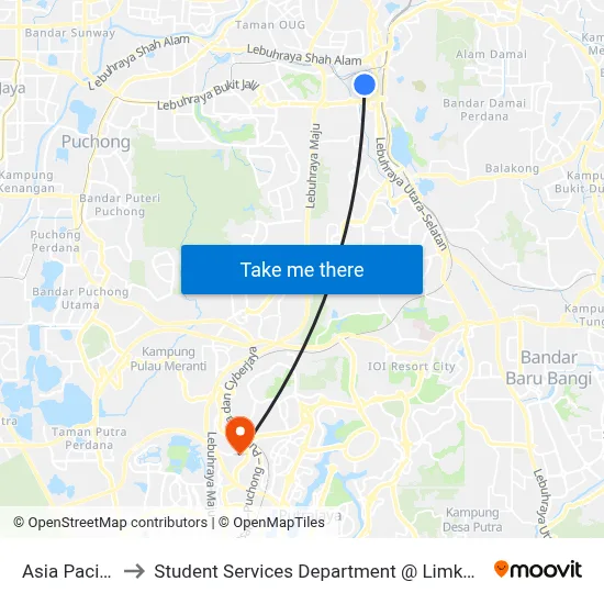 Asia Pacific University to Student Services Department @ Limkokwing University of Creative Technology map