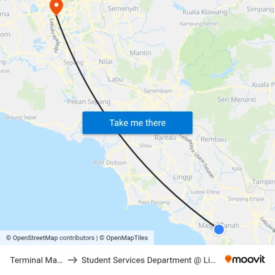 Terminal Masjid Tanah Sentral to Student Services Department @ Limkokwing University of Creative Technology map