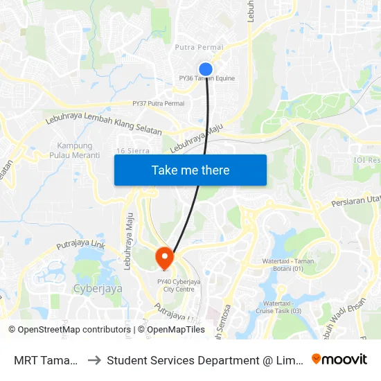 MRT Taman Equine  Pintu B to Student Services Department @ Limkokwing University of Creative Technology map