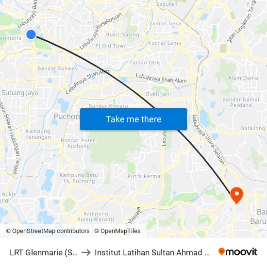 LRT Glenmarie (Sa1069) to Institut Latihan Sultan Ahmad Shah (ILSAS) map