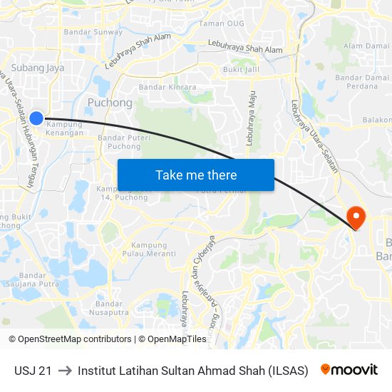 USJ 21 to Institut Latihan Sultan Ahmad Shah (ILSAS) map
