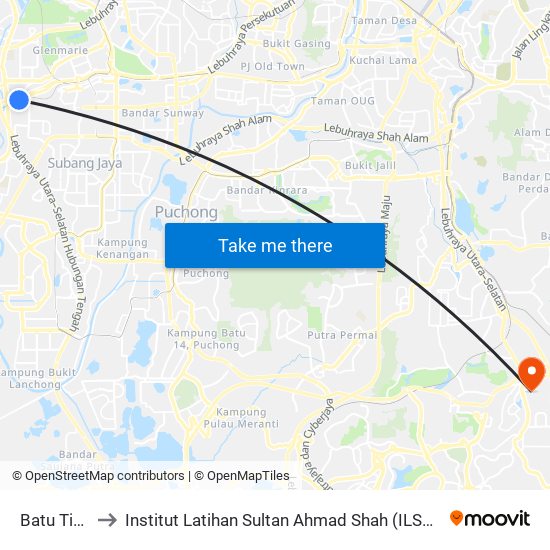 Batu Tiga to Institut Latihan Sultan Ahmad Shah (ILSAS) map